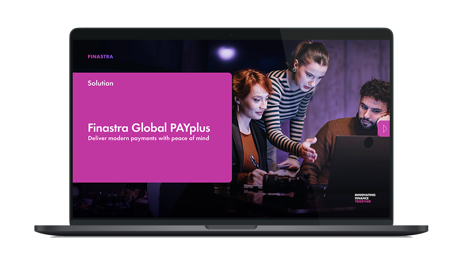 Image of laptop with cover slide for "Finastra Global PAYplus" solution overview