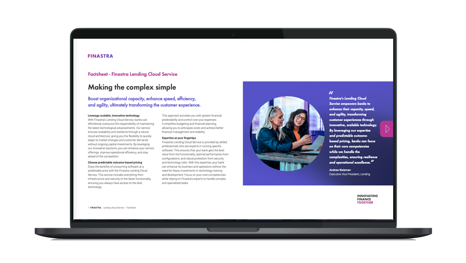Image of laptop with cover slide for the Finastra Lending Cloud Service factsheet