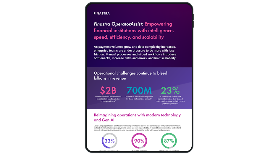 Cover image of "Finastra OperatorAssist: Empowering financial institutions with intelligence, speed, efficiency, and scalability" infographic
