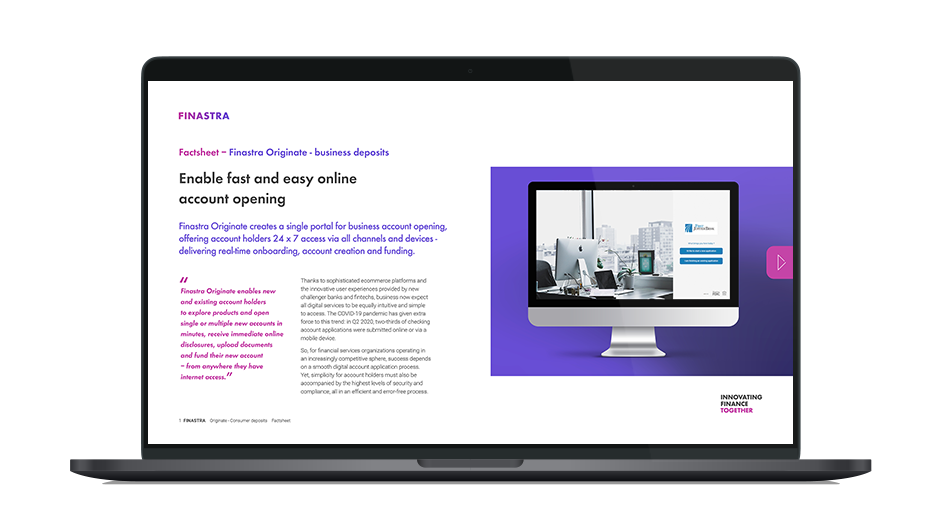 Image of laptop with cover slide for the Finastra Originate Business Deposits factsheet