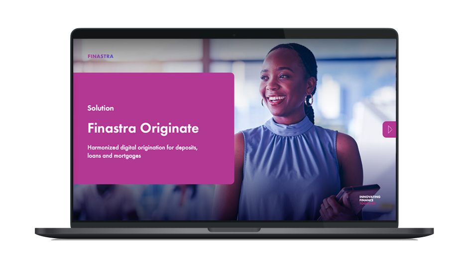 Image of laptop with cover slide for the "Finastra Originate - Digital origination for deposits, loans and mortgages" brochure