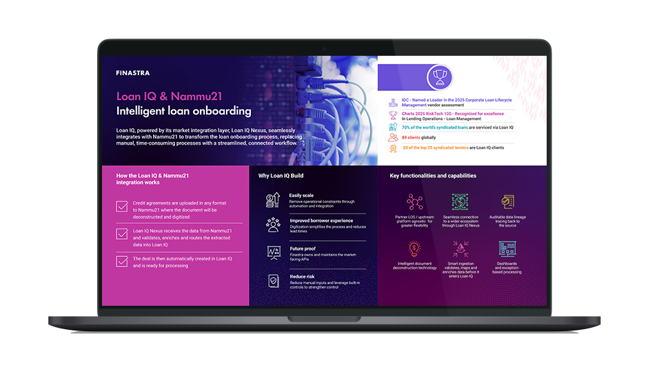 Image of laptop with cover slide for the "Intelligent loan onboarding with Loan IQ Build and Nammu21" infographic