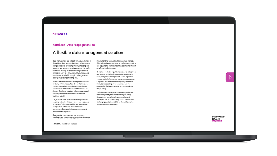 Image of laptop with cover slide of "Finastra Loan IQ Data Propagation Tool" factsheet