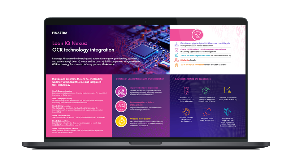 Image of laptop with cover slide of "Loan IQ Nexus and OCR Technology for streamlined loan onboarding" infographic