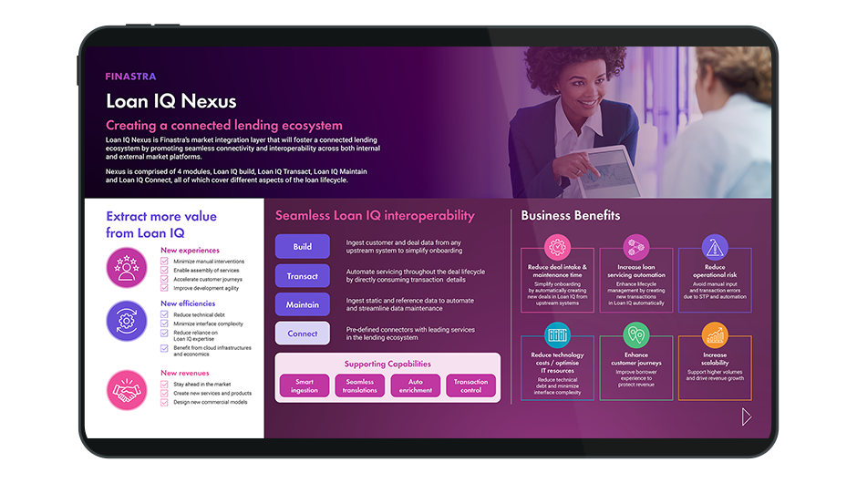 Image of laptop with cover slide for the "Loan IQ Nexus: Bringing interoperability to the loan market" infographic