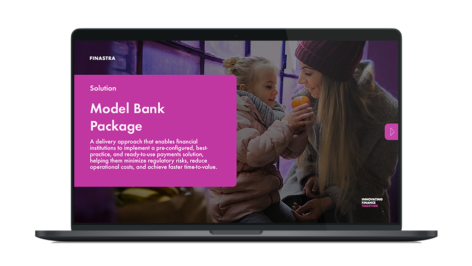 Image of laptop with cover slide of "Model Bank Package" brochure