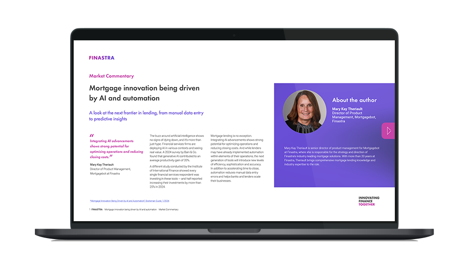 Image of laptop with cover slide of "Mortgage innovation being driven by AI and automation (Market Commentary)" brochure