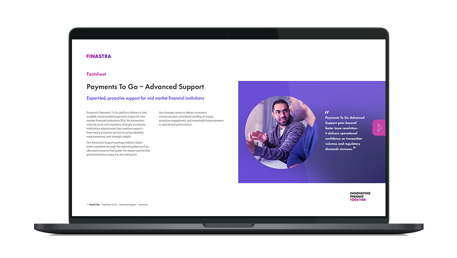 Image of laptop with cover slide of "Payments To Go Advanced Support: Proactive expertise for high‑performance payment operations" brochure