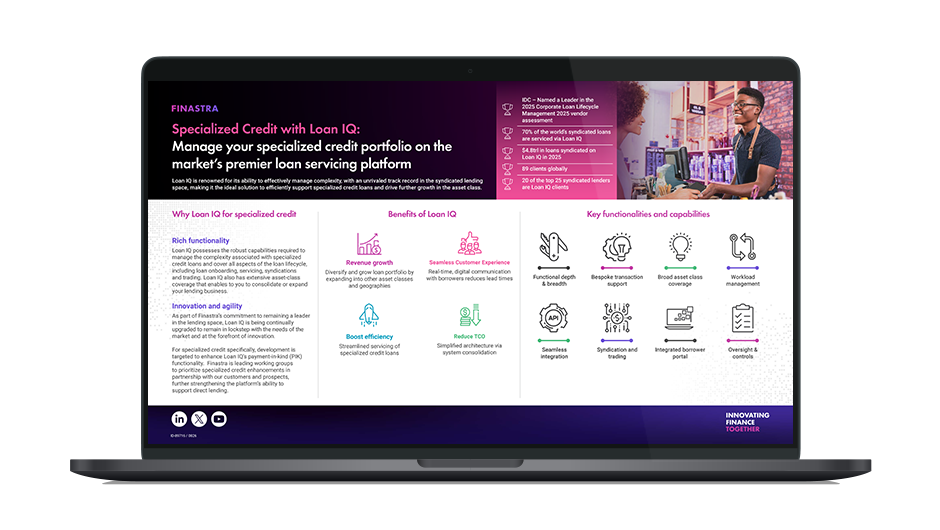 Image of laptop with cover slide for the "Specialized Credit solutions powered by Loan IQ" infographic