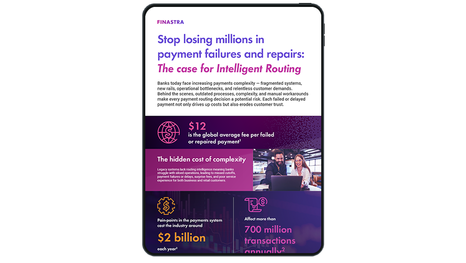 Image of tablet with cover slide of "Stop losing millions in payment failures and repairs: The case for Intelligent Routing" infographic