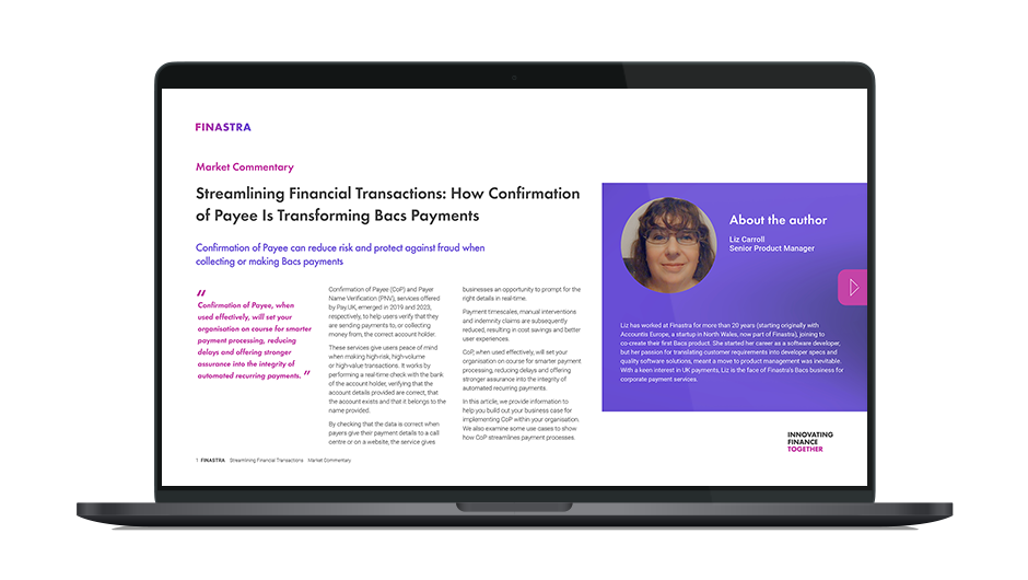 Image of laptop with cover slide for "Streamlining Financial Transactions: How Confirmation of Payee Is Transforming Bacs Payments (Market Commentary)" researche