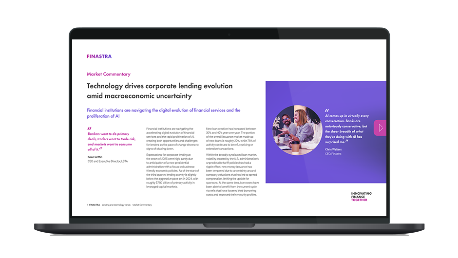 Image of laptop with cover slide of "Technology drives corporate lending evolution amid macroeconomic uncertainty" report