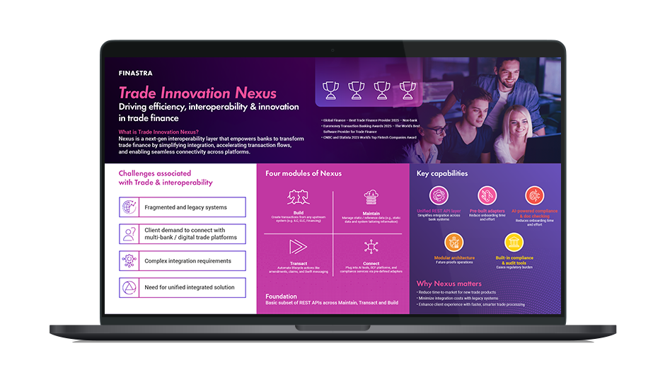 Image of laptop with cover slide of "Trade Innovation Nexus: Driving efficiency, interoperability & innovation in trade finance" infographic