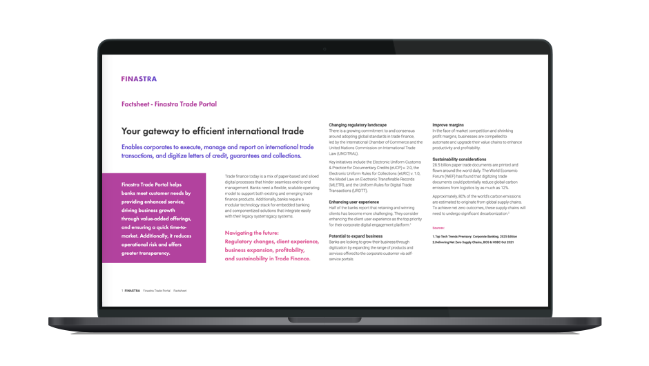 Image of laptop with cover slide of "Trade Portal powered by Finastra Corporate Channels" factsheet