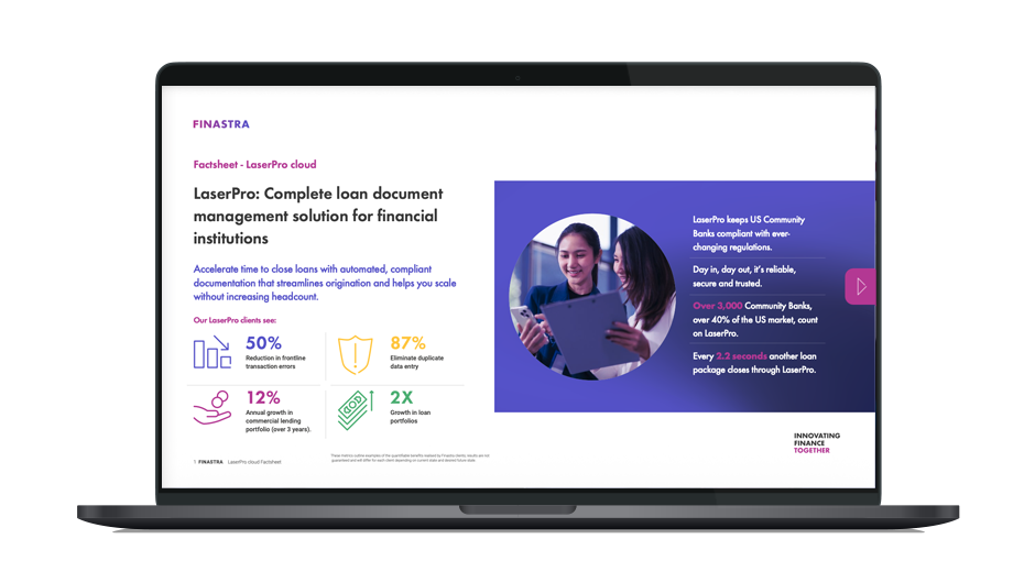 Image of laptop with cover slide of "Transform lending efficiency with LaserPro: compliance‑ready documentation for every Loan" factsheet