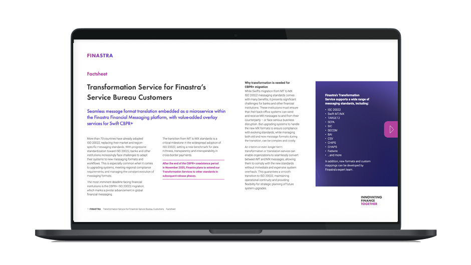 Image of laptop with cover slide for "Transformation service for Finastra’s Service Bureau Customers" factsheet