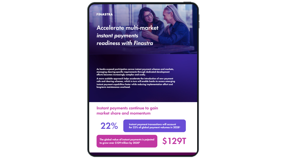 Image of tablet with cover slide of "Accelerate multi-market instant payments readiness with Finastra" infographic
