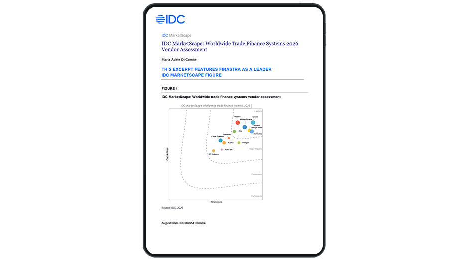 Image of tablet with cover slide of "IDC MarketScape: Worldwide Trade Finance Systems 2026 Vendor Assessment" report
