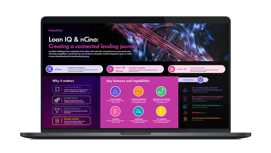 Image of laptop with cover slide for the "Loan IQ and nCino: Connecting the lending lifecyle via seamless integration" infographic