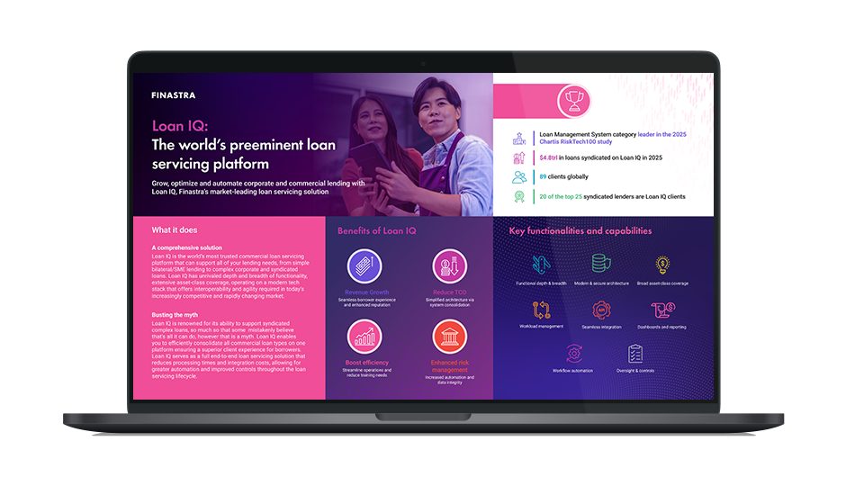 Image of laptop with cover slide of "Loan IQ: The premier commercial loan servicing platform" infographic