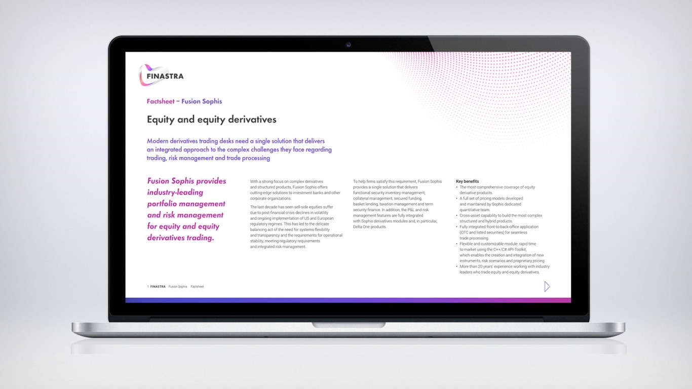 Image of laptop with slide on Fusion Sophis Equity and Equity Derivatives (Factsheet)