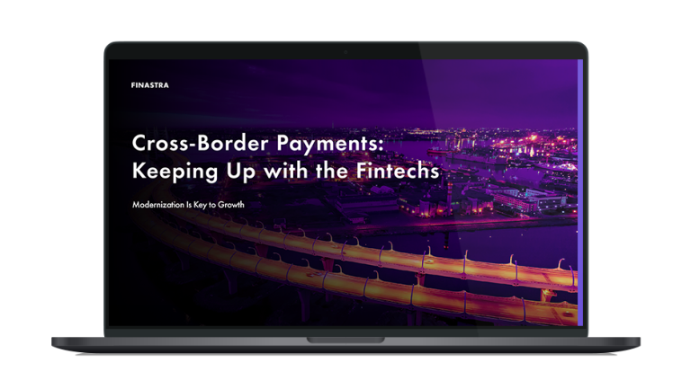 Image of laptop with cover slide for "Cross-border payments: Keeping up with the fintechs" ebook