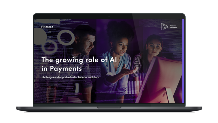 Image of laptop with cover slide for "The growing role of AI in Payments" white paper