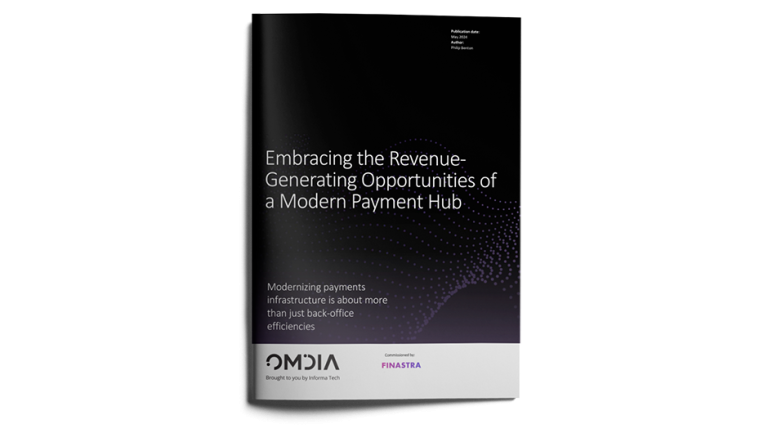 Image of tablet with cover slide of the "Embracing the revenue-generating opportunities of a modern payment hub" report