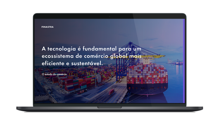 Image of laptop with cover slide for the " A tecnologia é fundamental para um  ecossistema de comércio global mais  eficiente e sustentável" white paper