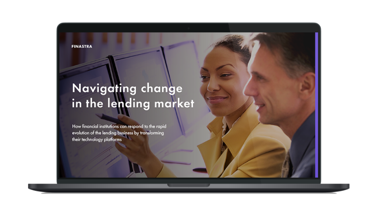 Image of laptop with cover slide of "Navigating change in the lending market" white paper