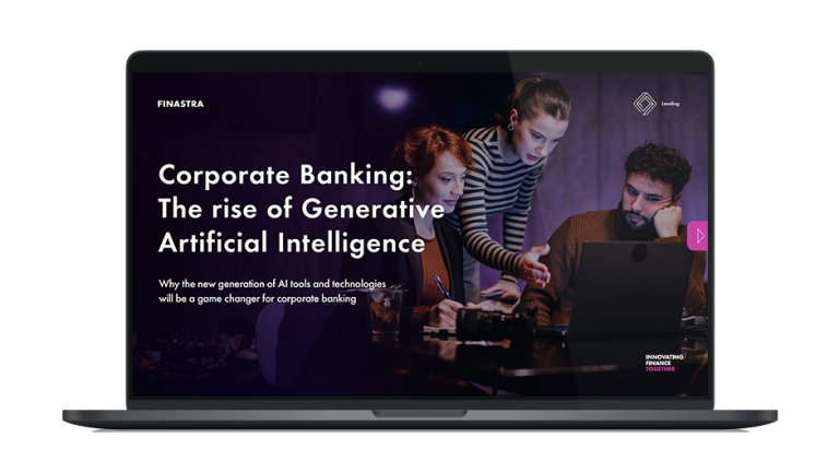 Image of laptop with cover slide of "Corporate banking: The rise of Generative Artificial Intelligence" white paper