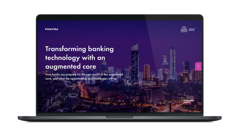 Image of laptop with cover slide of "Transforming banking technology with an augmented core" white paper
