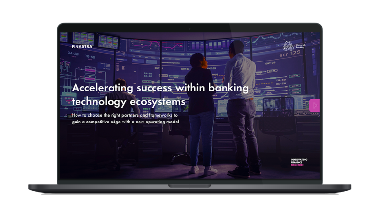 Image of laptop with cover slide of "Accelerating success within banking technology ecosystems" white aper