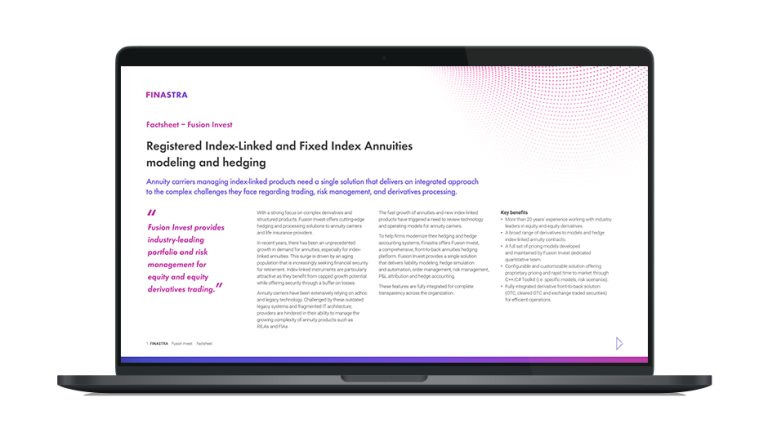 Image of laptop with cover slide for the "Registered Index-Linked and Fixed Index Annuities modeling and hedging" factsheet