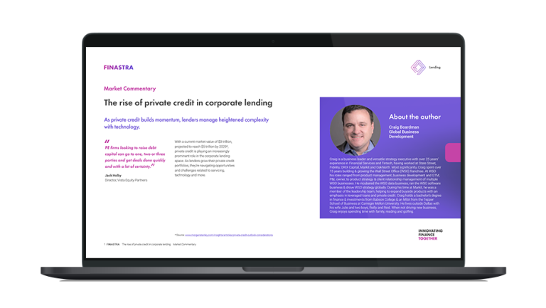 Image of laptop with cover slide of "The rise of private credit in corporate lending" report