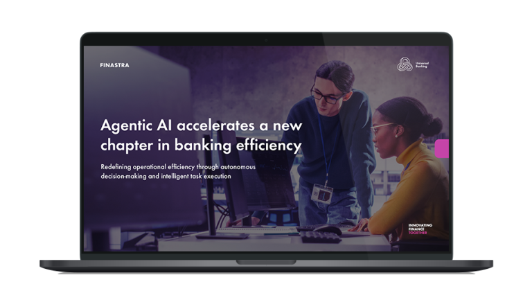 Image of laptop with cover slide of "Agentic AI accelerates a new chapter in banking efficiency" white paper