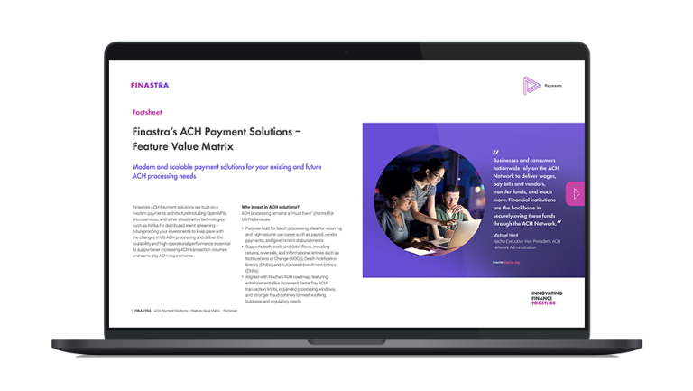 Image of laptop with cover slide of "Finastra’s ACH Payment Solutions – Feature Value Matrix (Factsheet)" brochure