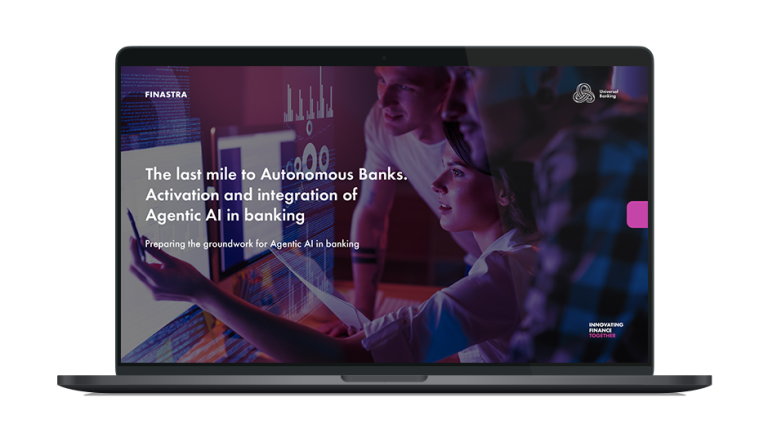 Image of laptop with cover slide of "The last mile to Autonomous Banks. Activation and integration of Agentic AI in banking." white paper