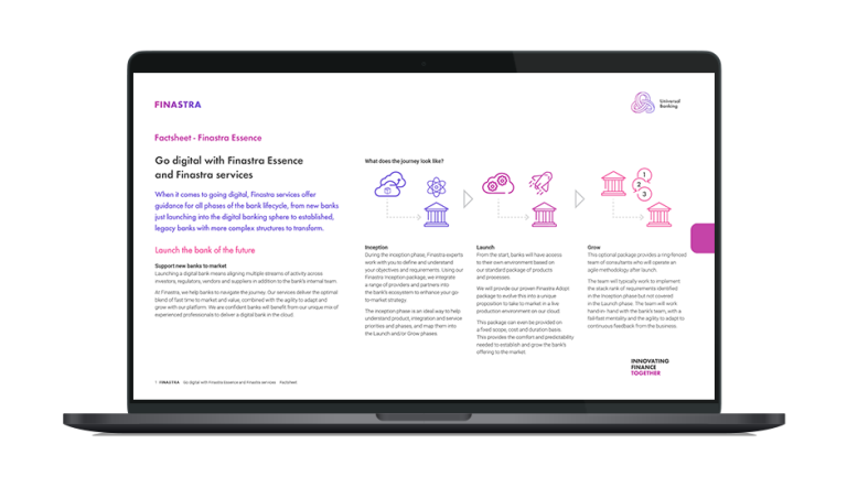 Image of laptop with cover slide of "Reimagine banking with Finastra Essence (Factsheet)" brochure
