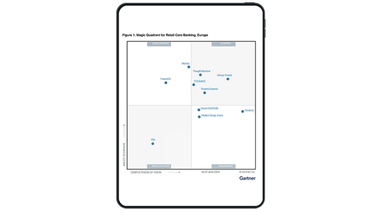 Image of tablet with cover slide of "Finastra Essence recognized as a Leader. Two years in a row." report