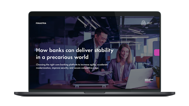 Image of laptop with cover slide of "How banks can deliver stability in a precarious world" white paper