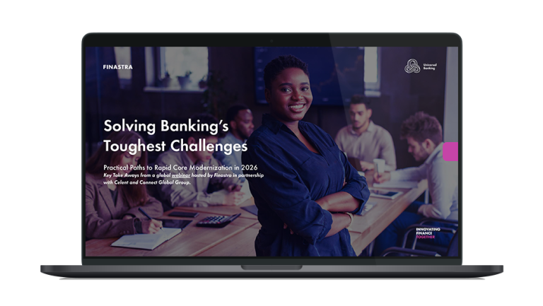 Image of laptop with cover slide of "Key take aways - Solving banking’s toughest challenges: Practical paths to rapid core modernization in 2026" whitepaper