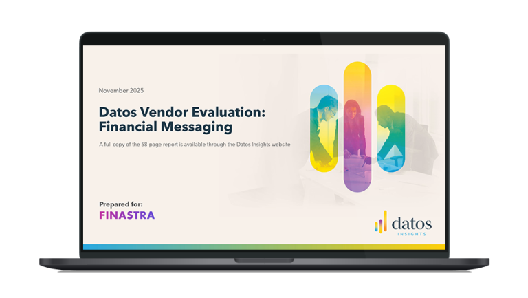 Image of laptop with cover slide of "Datos Insights vendor evaluation: Financial Messaging" report