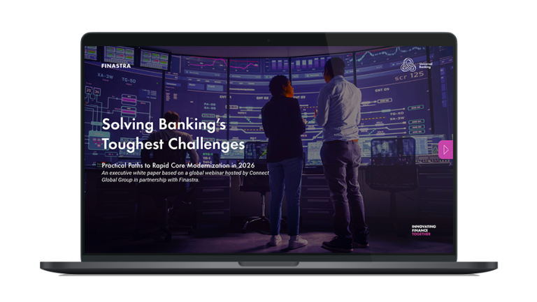 Image of laptop with cover slide of "Solving banking’s toughest challenges: Practical paths to rapid core modernization in 2026" white paper