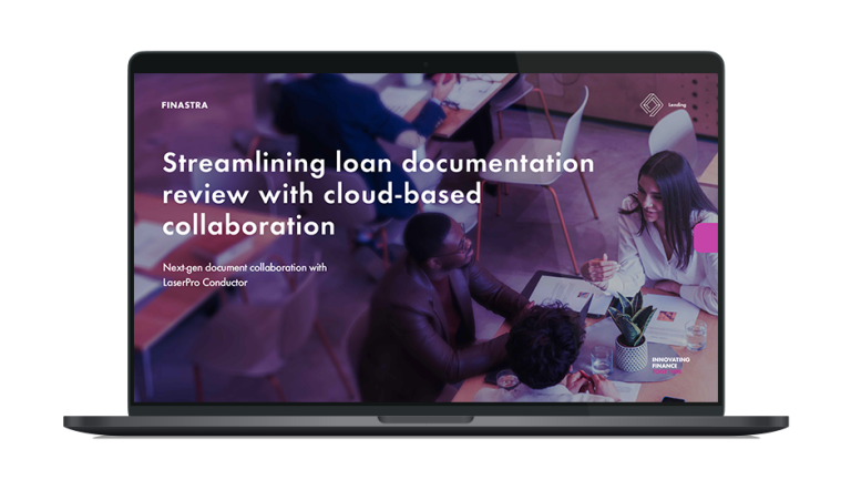 Image of laptop with cover slide of "Streamlining loan documentation review with cloud-based collaboration" white paper