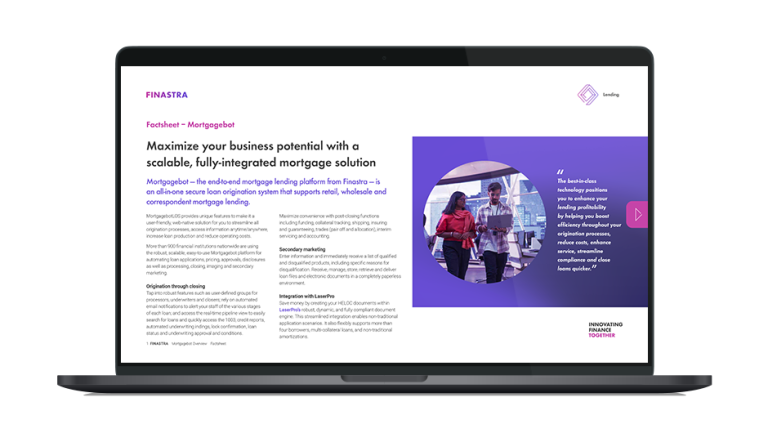 Image of laptop with cover slide of "Maximize your business potential with a scalable, fully-integrated mortgage solution" brochure