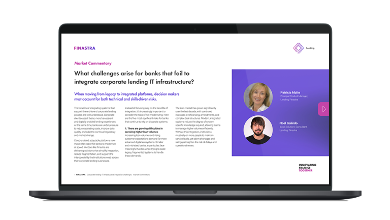 Image of laptop with cover slide of "What challenges arise for banks that fail to integrate corporate lending IT infrastructure?" white paper