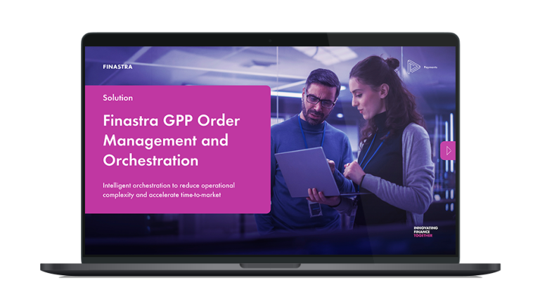Image of laptop with cover slide for the "Finastra GPP Order Management and Orchestration" brochure