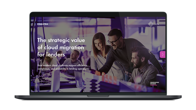 Image of laptop with cover slide of "The strategic value of cloud migration for lenders" white paper