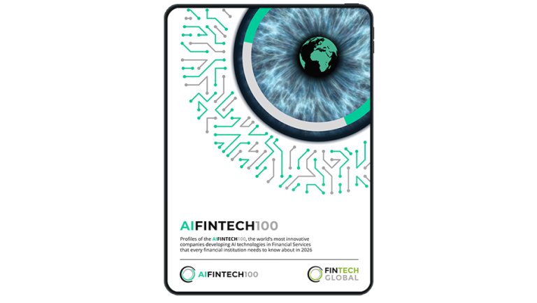 Image of tablet with cover slide of "Finastra is an AIFINTECH00 company 2026" report
